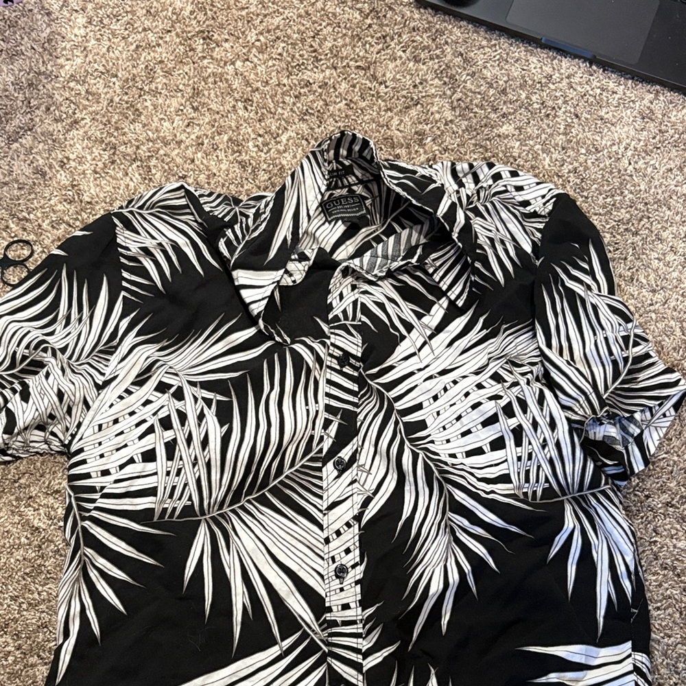 Guess Black and White Palm Leaf Button Down Shirt